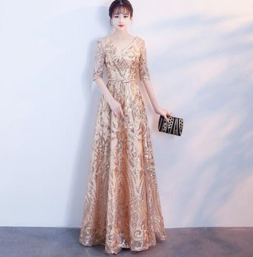 Evening wear Dresses: Women Banquet A- Line Dresses Slim V-Neck Host Formal Gown
