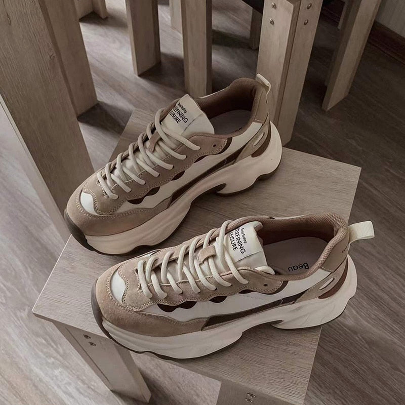 Sneakers Women Leather Patchwork Fabric Round Toe Mixed Color