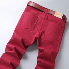 Classic Style Men Wine Red Jeans Fashion Business Casual Straight Denim