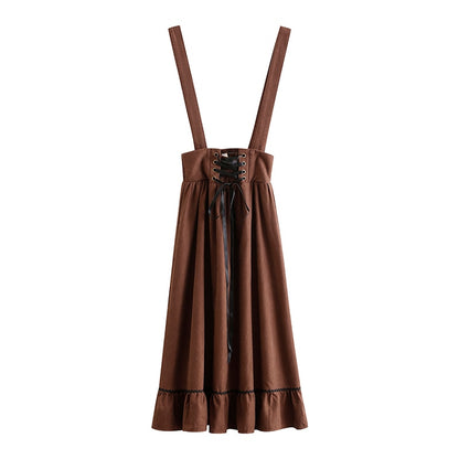 Women Long Midi Suspender Skirt Teen Girls Preppy Style Cute Lace-Up High Waist