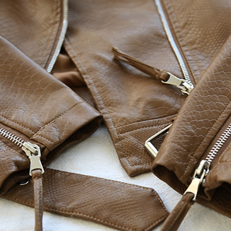 Spring Autumn Women Faux Leather Jacket Slim Streetwear Khaki