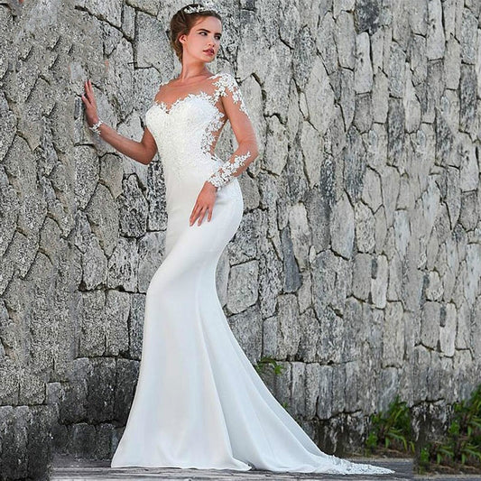 White Bridesmaid Dresses: Wedding Dress Scoop-Neck Full Sleeves Bride Dress Zipper