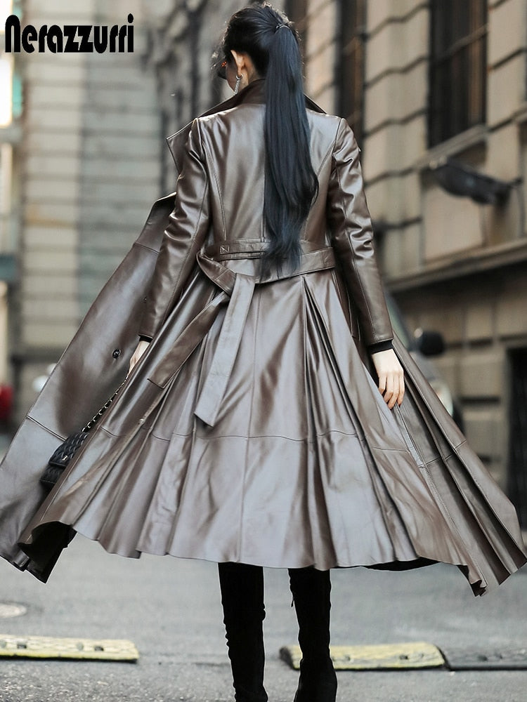 Autumn Long Brown Black Soft Faux Leather Trench Coat for Women