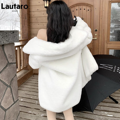 Lautaro Winter Warm White Faux Fur Coat Women Long Sleeve Lapel Double