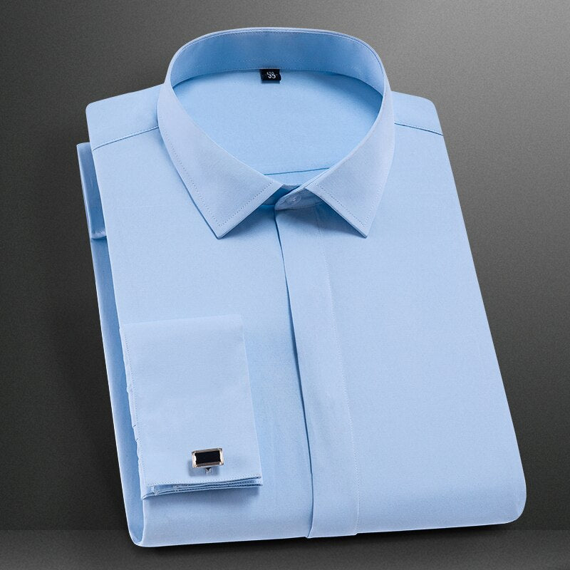 Men's Classic French Cuff Dress Shirts Long Sleeve No Pocket Tuxedo Male