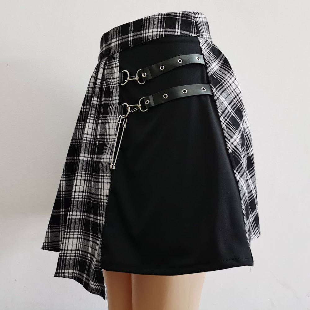 Womens Harajuku Punk Irregular Mini Pleated Skater Skirt Asymmetric Cutout High
