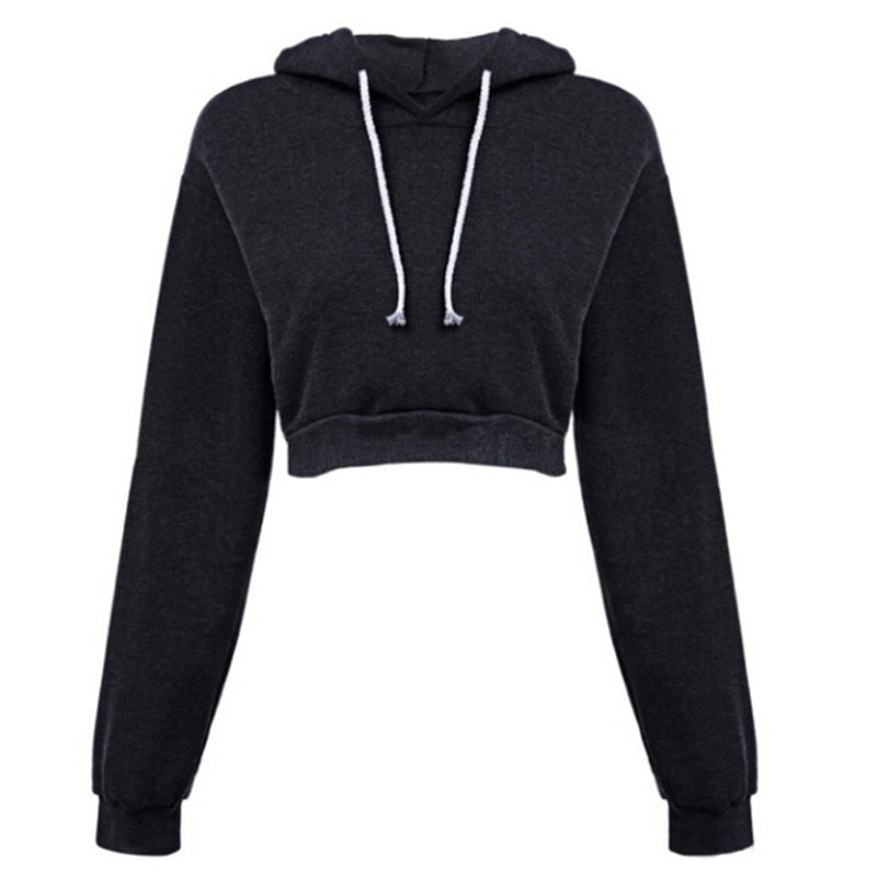 Women Hoodies Solid Crop Hoodie Long Sleeve Jumper Hooded Pullover