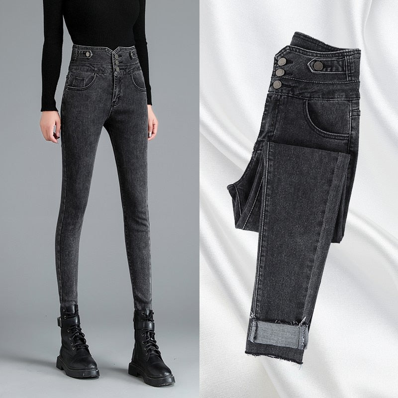 GUUZYUVIZ High Waist Jeans Autumn Winter Pencil Pants Denim Buttons Ladies Jeans Trousers High Elasticity Jean Femme