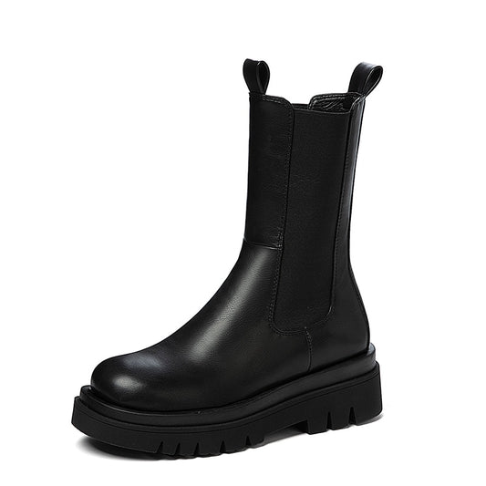 Meotina Women Botas Round Toe Platform Thick Heel Mid-Calf Boots Womens