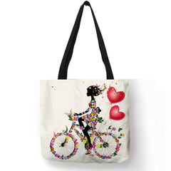 Wishing Girl Print Linen Reusable Shopping Bags Women Large Tote Bags