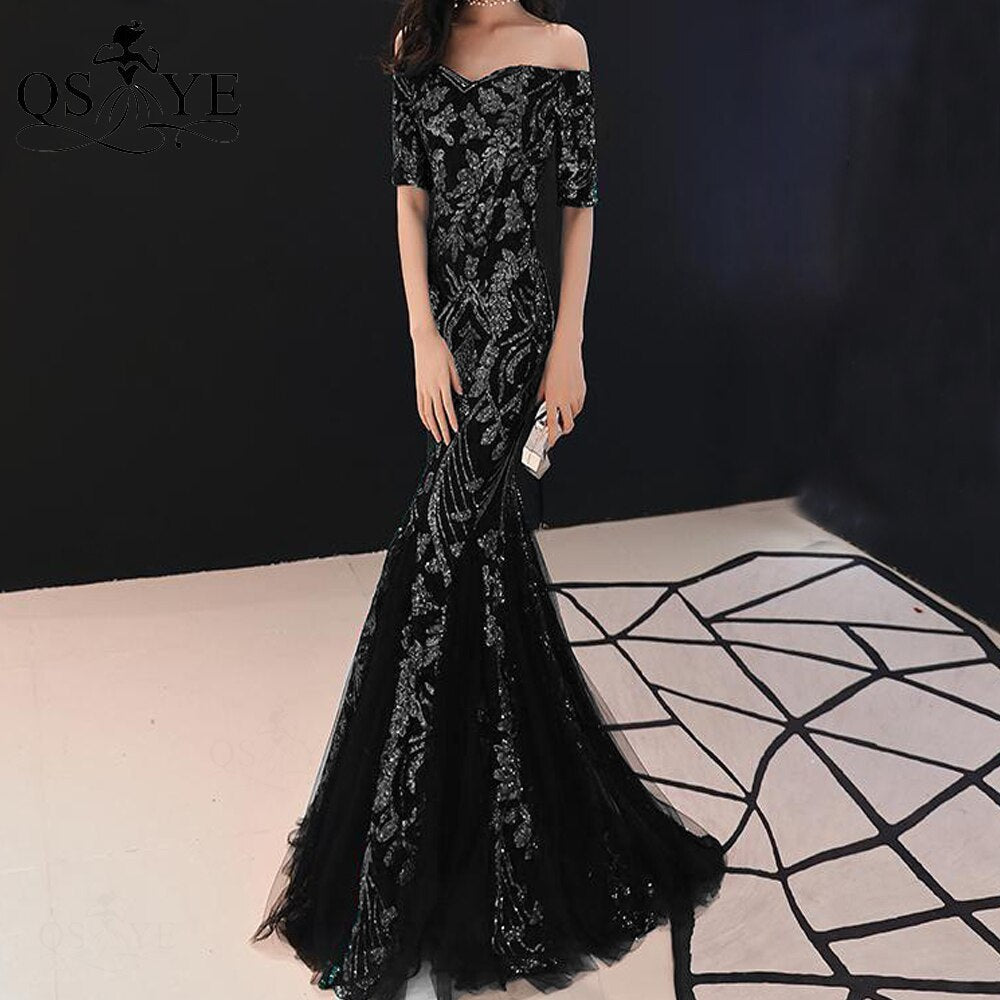 Evening wear Dresses: Evening Dress Side Sleeves Mermaid Prom Gown Long Sleeves