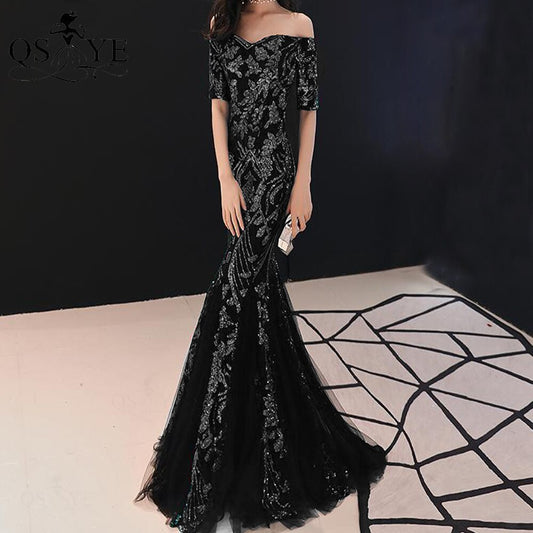 Sequin Peacock Evening Dress Side Sleeves Mermaid Prom Gown Long Sleeves