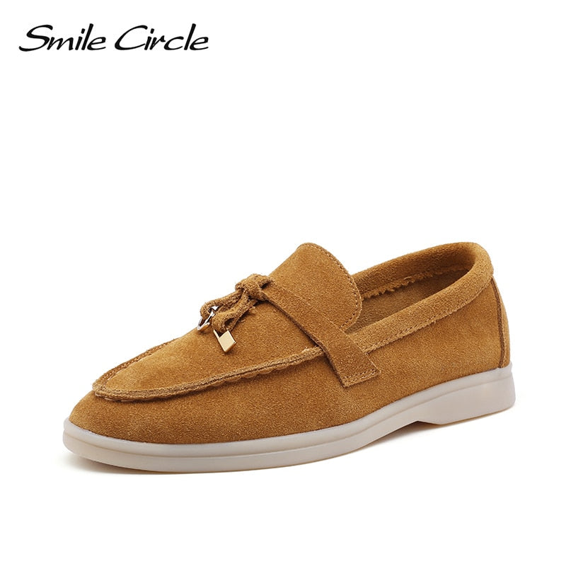 Smile Circle loafers Women Slip-On flats shoes Genuine Leather