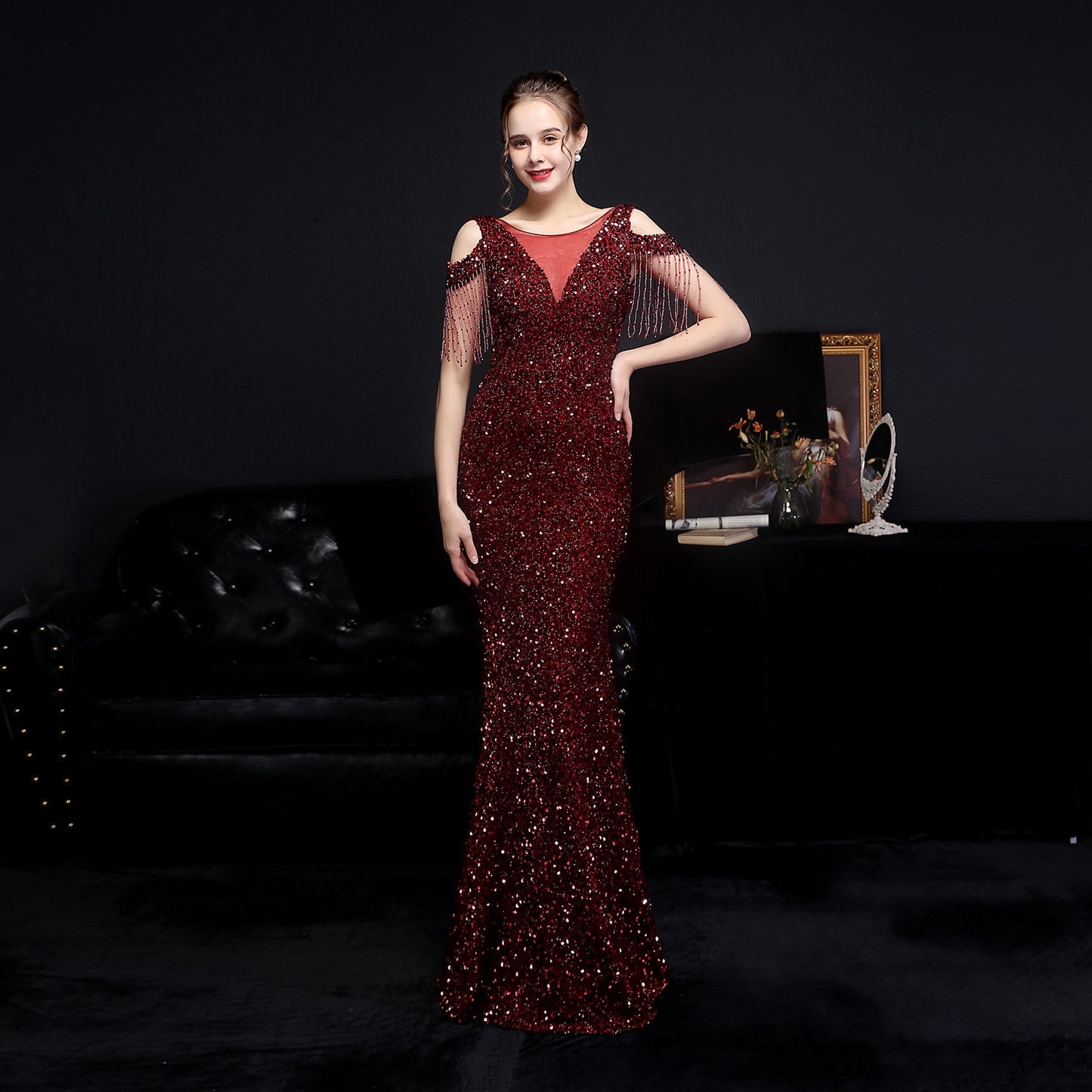 Evening wear Dresses: Elegant Gold Sequin Women Mermaid Evening Dress
