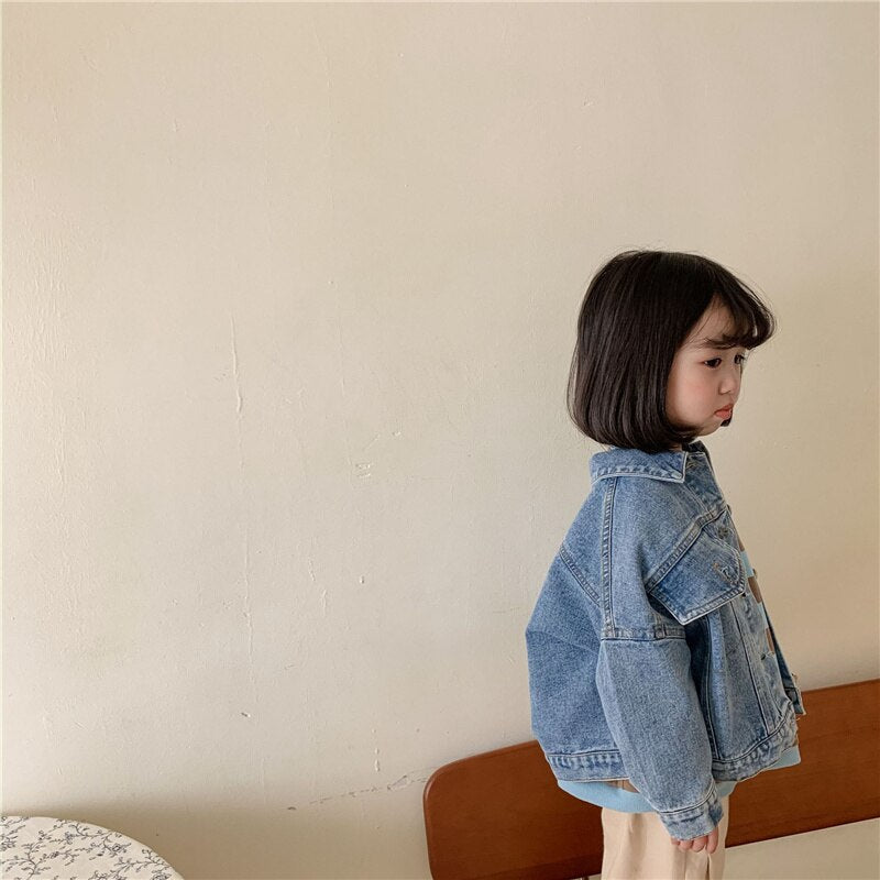 Spring Fall Boys and girls Casual All-match Denim Jackets Kids Turn-down