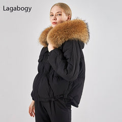 Huge Natural Raccoon Fur Hooded Winter Down Coat Women
