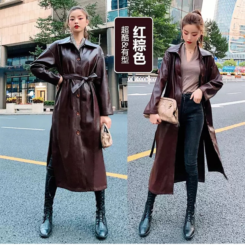 Autumn long leather trench coat for women long sleeve belt buttons