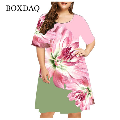 Summer 3D Flower Print Bohemian Dress Women Short Sleeve Mini Dress