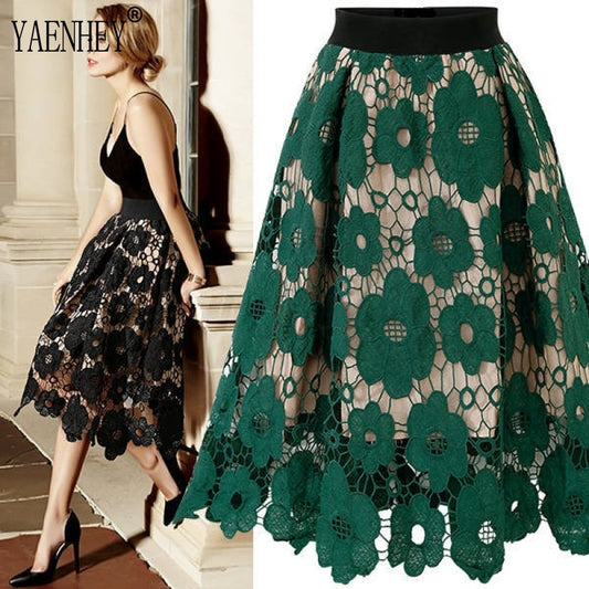 Women Elegant Fashion Flower Embroidery Hollow Out Lace Skirts