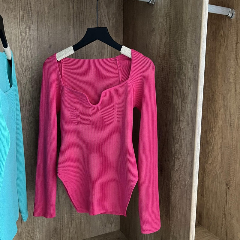 Square Collar Long Sleeve Woman Sweaters Knitted Pullover Women