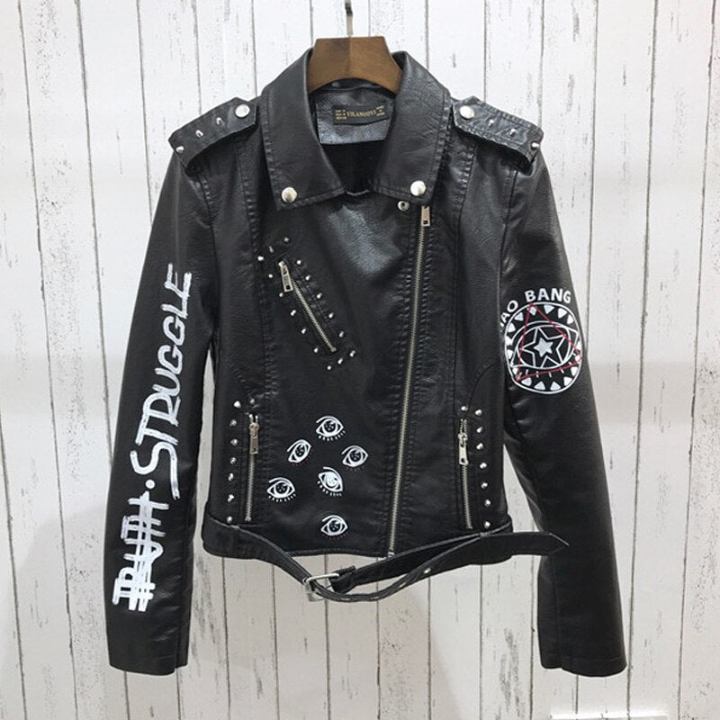 Spring  Women Faux Leather Jacket Turn-Down Collar Letter