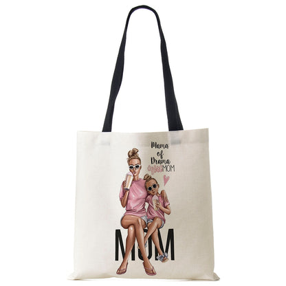 Cute Cartoon Super Mama Print Linen Tote Bag Reusable Shoulder Bags Mom
