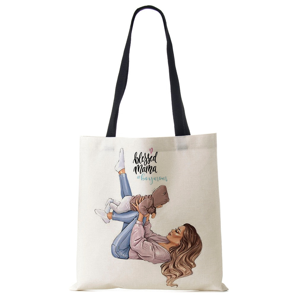 Cute Cartoon Super Mama Print Linen Tote Bag Reusable Shoulder Bags Mom