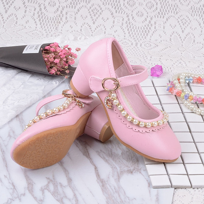 Princess Kids Leather Shoes for Girls High Heels Beaded Children