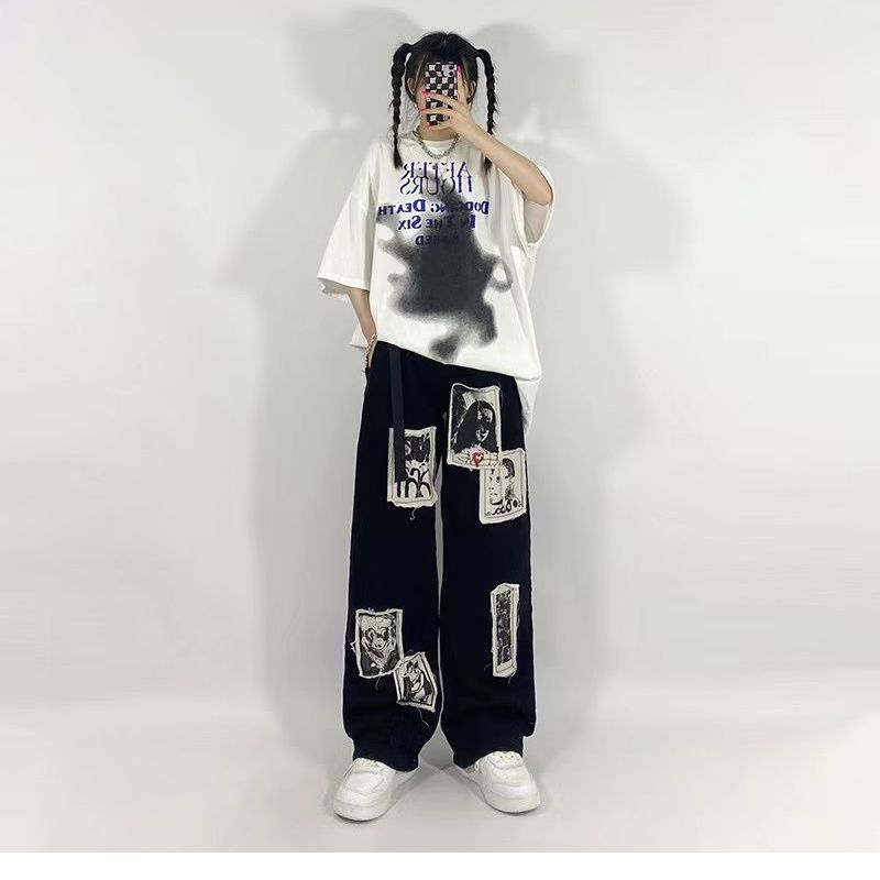 HOUZHOU Grunge Punk Patchwork Black Jeans Women Hip Hop Streetwear Print Oversize Wide Leg Trousers 90s Vintage Fashion Pants
