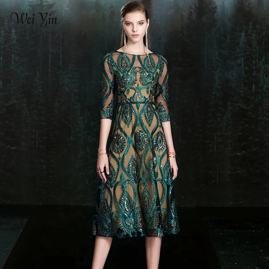 Evening wear Dresses: Green Evening Dress Vintage Sequins Appliques