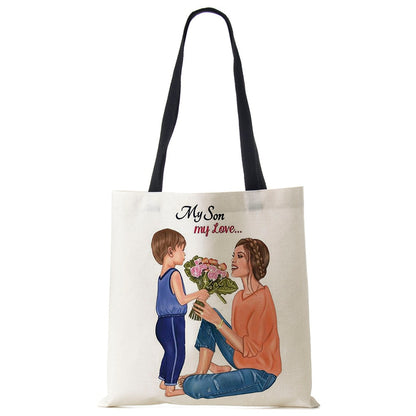 Cute Cartoon Super Mama Print Linen Tote Bag Reusable Shoulder Bags Mom