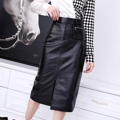 Long Skirt Women Stylish Imported Retro Bright Varnished Leather Slit