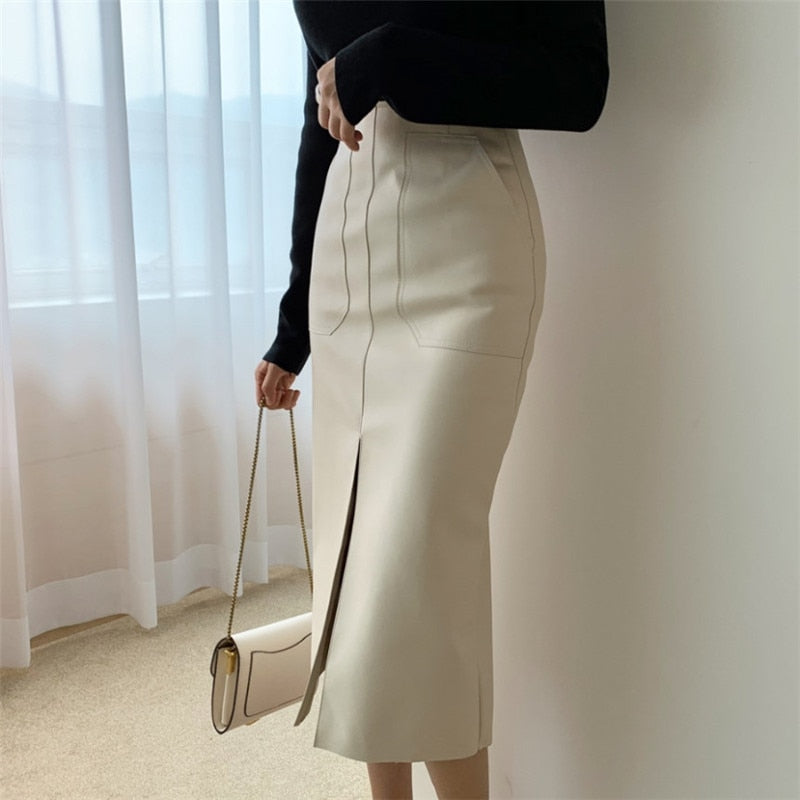 Spring Autumn Women PU Leather Skirts High Waist Pockets Package