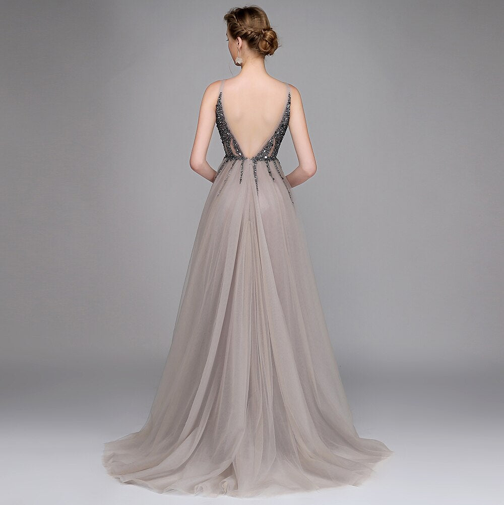 Evening wear Dresses: Evening Dress V-neck Backless Beading Tulle Long Prom Gown