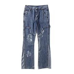 Vintage Patchwork Flare Jeans Urban Men Streetwear Wide Leg Denim Pant Hip Hop