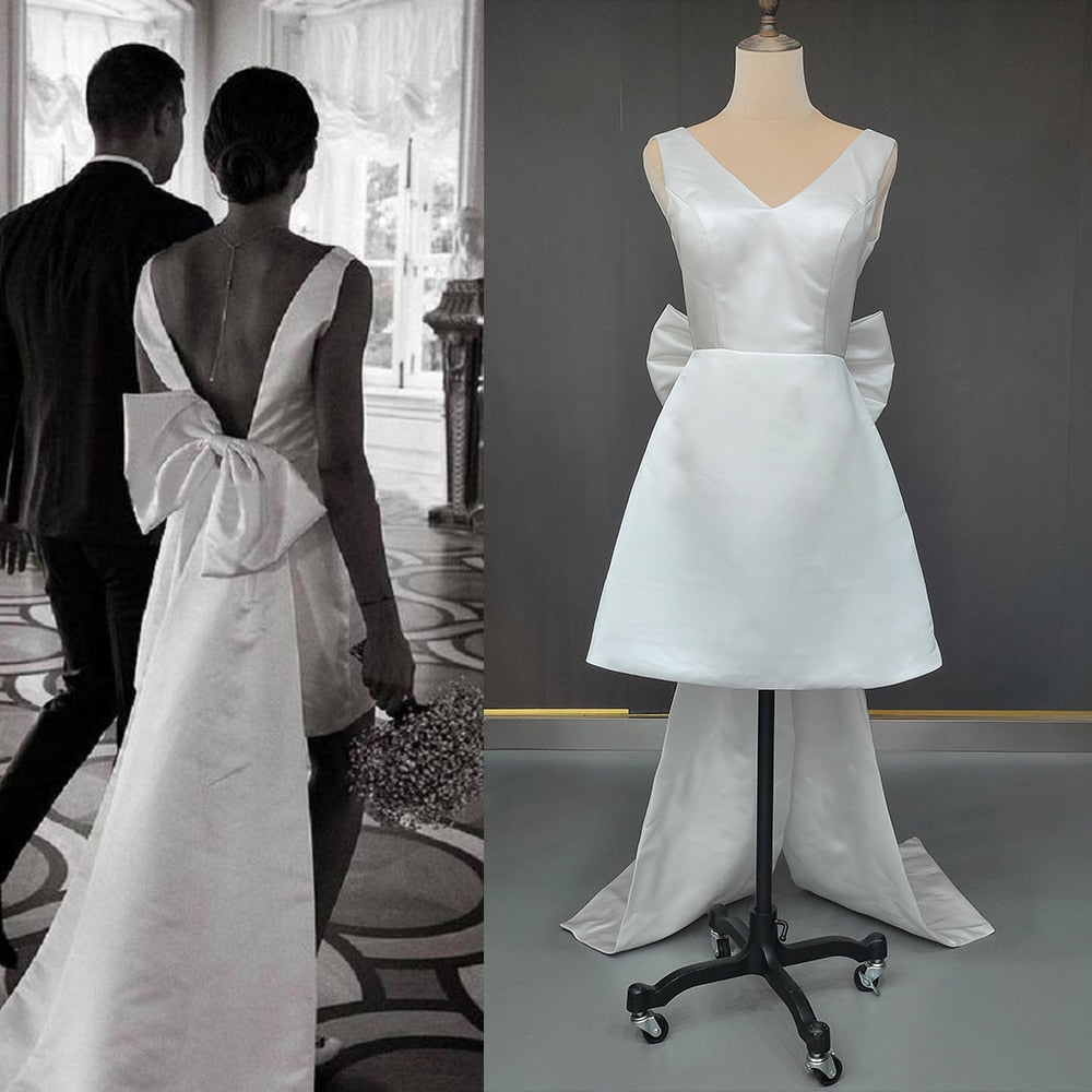 White Bridesmaid Dresses: V Neck Bridal Gown Large Bow Custom Made Plus Size