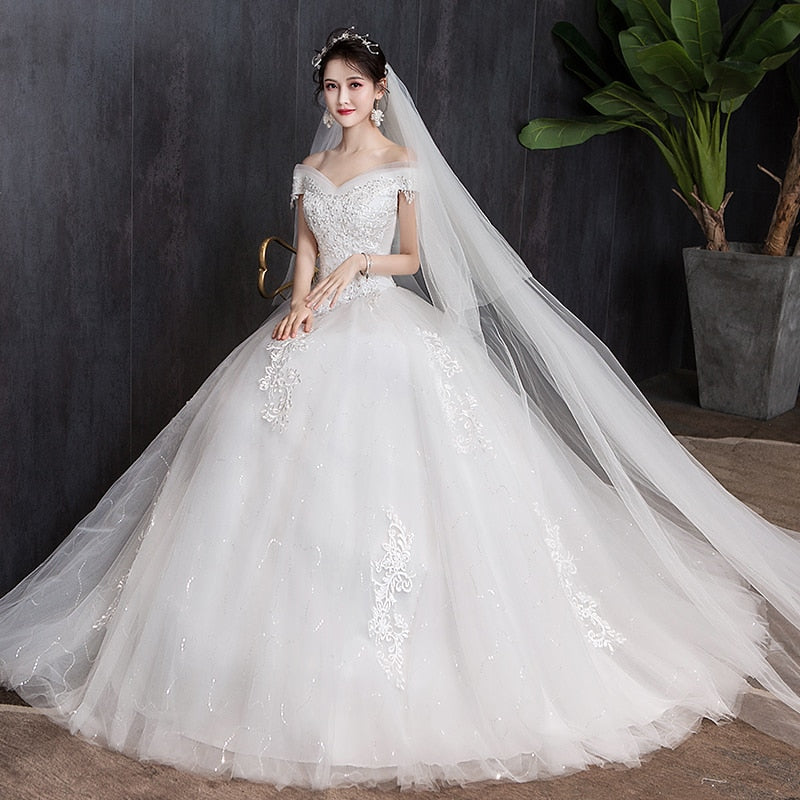 White Bridesmaid Dresses: Off The Shoulder Wedding Dress light Appliques Pearls