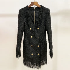 Designer Runway Women Long Sleeve Metal Lion Buttons Fringed Tweed Tassel Dress