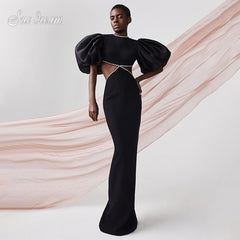 Women High Quality Black Short Sleeve Floor-length Backless Round Neck