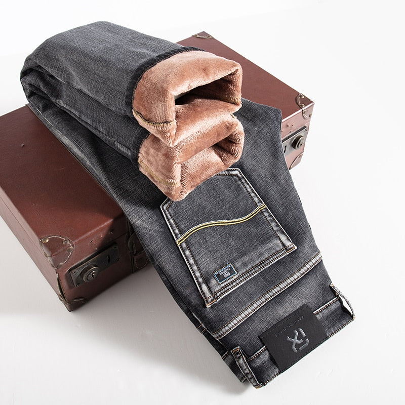 Men Fleece Warm Jeans Classic Style Business Casual Regular Fit Thicken Stretch