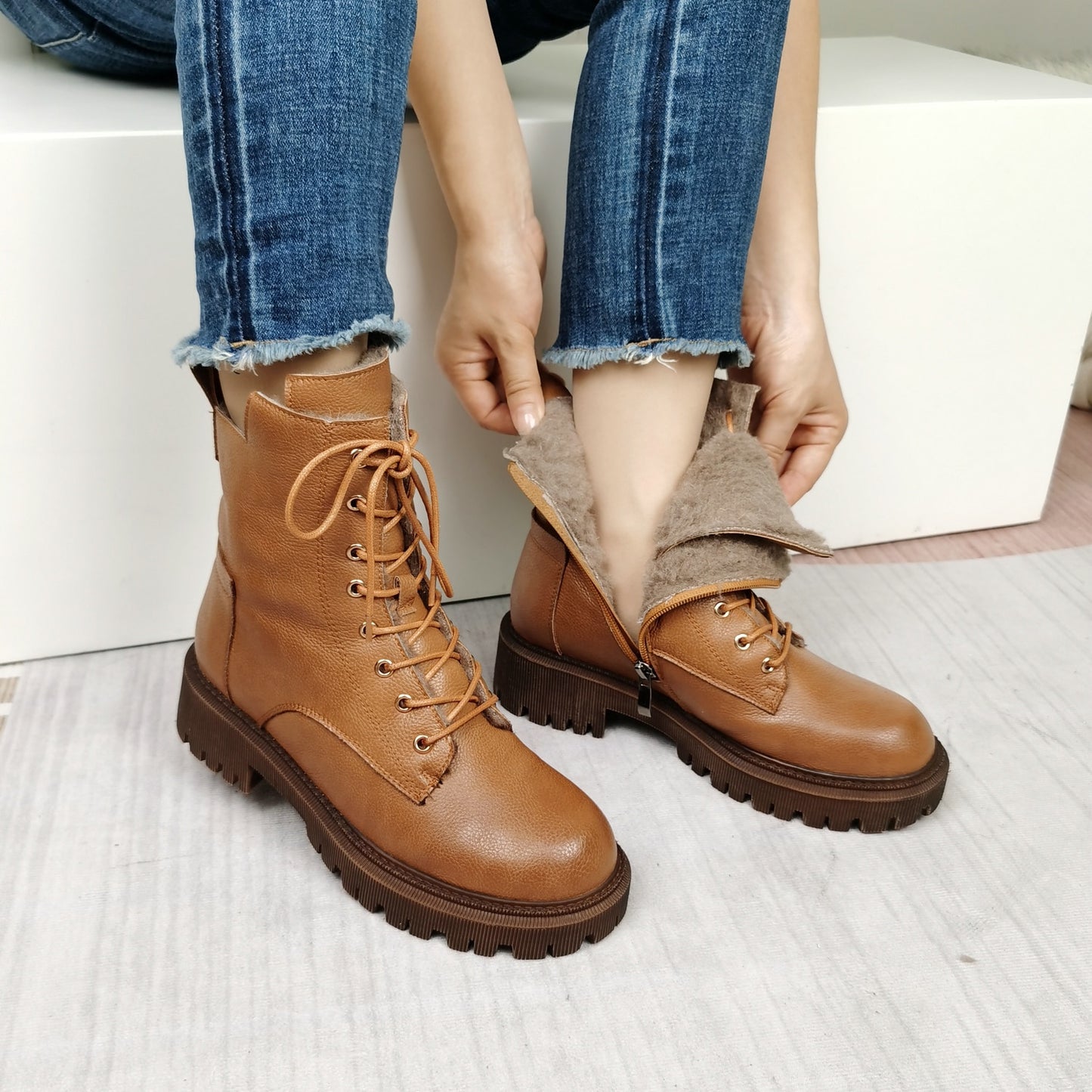 Women Ankle Boots Wool Fur Platform Fashion Warm Mid Heel Motorcycle Boots