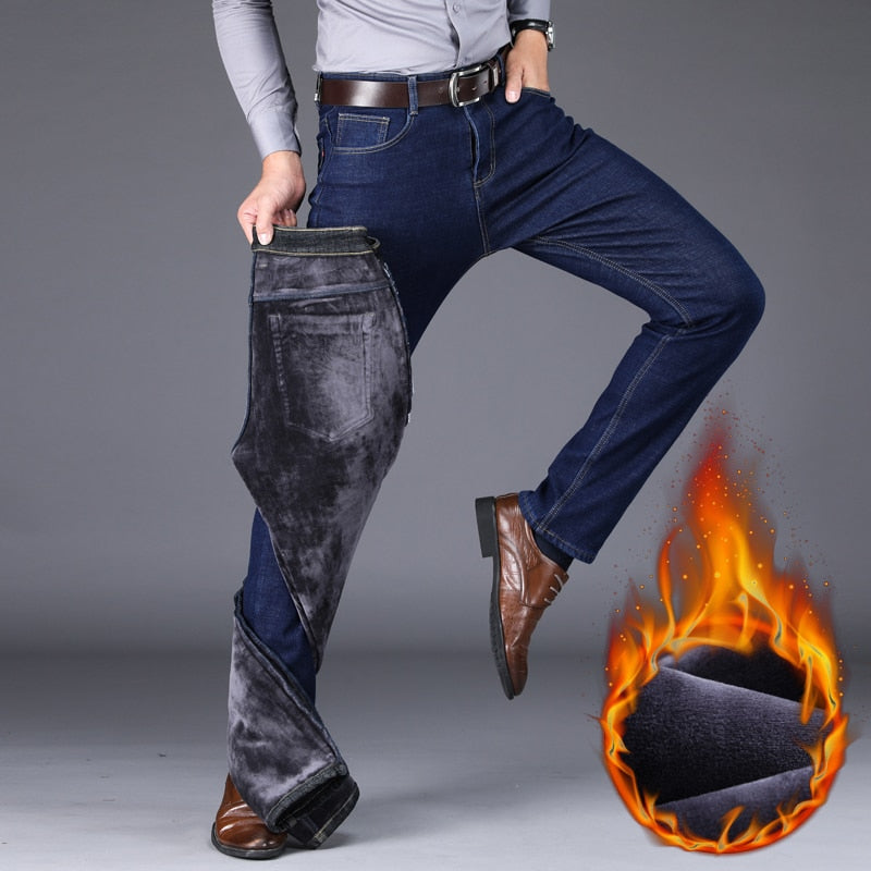 Men's Warm Slim Fit Jeans Business Fashion Thicken Denim