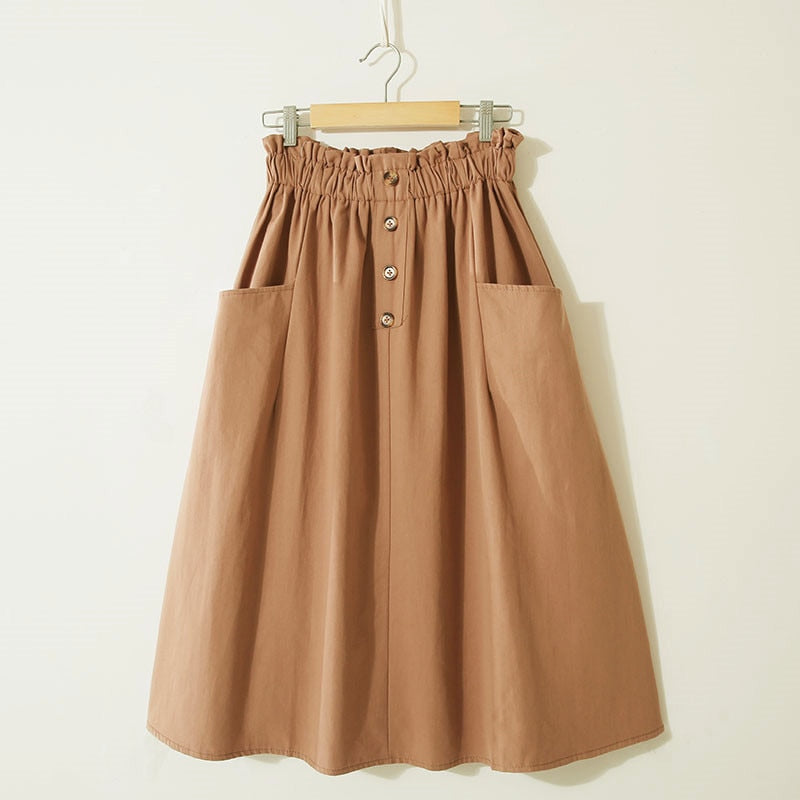 Women Summer Skirt Spring Korean Style Casual Solid High Waist  A-Line Midi Skirts