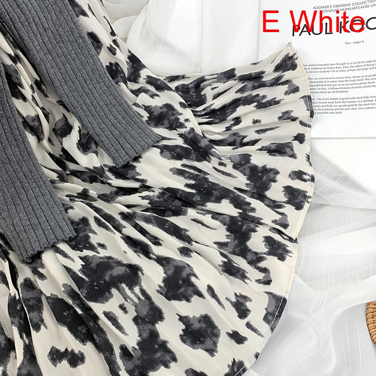 Fashion Elegant Vintage Leopard Print Pleated Skirt Elastic High Waist Long