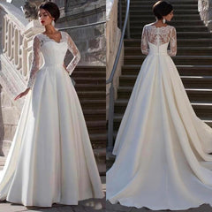 Wedding Dress V Neck Sheer Back Long Sleeve For Women Princess