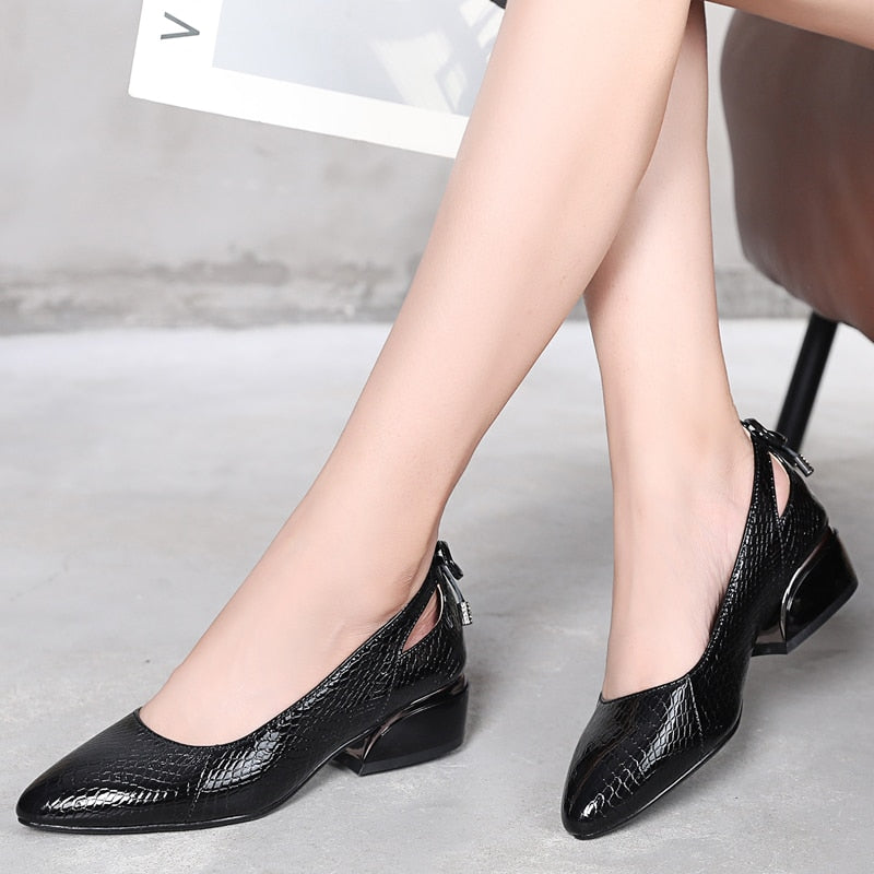 Women Pumps Concise Serpentine Genuine Leather Pointed Toe Shoes Thick Heel