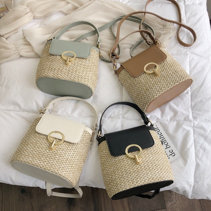 Small Straw Bucket Bags For Women Summer Crossbody Bags Lady Travel