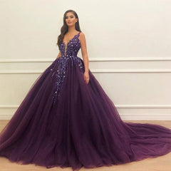 Prom Dresses Sleeveless V-Neck Back Open Dark Purple Tulle