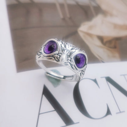 Retro Cute Simple Design Owl Ring Multicolor Eyes Silver Color Men Women