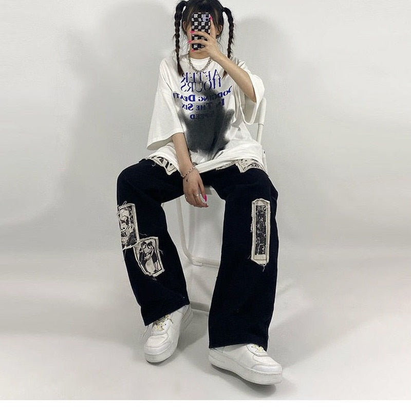HOUZHOU Grunge Punk Patchwork Black Jeans Women Hip Hop Streetwear Print Oversize Wide Leg Trousers 90s Vintage Fashion Pants